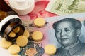 Medicine pills on China Yuan currency banknotes.