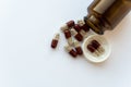 Medicine and pills. Medicines on a white background close-up. Brown glass bucket with capsules inside on a white Royalty Free Stock Photo