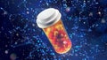 Medicine pills in orange glass pill bottle on a blue background. 3D Render