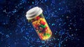 Medicine pills in orange glass pill bottle on a blue background. 3D Render Royalty Free Stock Photo