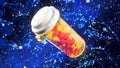 Medicine pills in orange glass pill bottle on a blue background. 3D Render