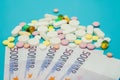 Medicine pills over euro banknotes on a blue background. Covid-19 coronavirus pills are on the euro banknote. The Royalty Free Stock Photo