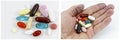 Medicine pills supplement hand pile collage Royalty Free Stock Photo