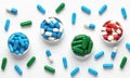 Medicine pills on a white background, top view. Colorful dietary supplements close-up. Beautiful pattern. Panoramic banner. Royalty Free Stock Photo