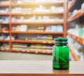 Medicine plastic bottle on table with pharmacy Royalty Free Stock Photo