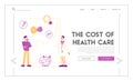 Medicine Price, People Saving and Collect Money, Health Care Cost Landing Page Template. Male Patient and Doctor