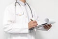 medicine, profession, healthcare and people concept - close up of doctor with clipboard Royalty Free Stock Photo