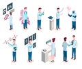 Medicine researchers isometric. Medicine, doctor, laboratory research and pharmacy industry isolated icons. Bundle of