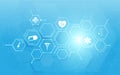 Medicine and science with abstract digital hi tech hexagons on blue background. Royalty Free Stock Photo