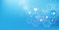 Medicine and science with abstract digital hi tech hexagons on blue background. Royalty Free Stock Photo