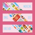 Medicine set of banners vector illustration. Medicine, pharmacy store, hospital set of drugs with labels. Medication Royalty Free Stock Photo