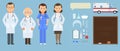 Medicine set with doctor and nurses in flat style isolated on blue background. Practitioner young doctors man and woman Royalty Free Stock Photo