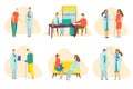 Medicine set, doctor talk with cartoon patient in clinic, vector illustration. Professional health care isolated on