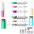 Medicine set. Realistic syringes, ampoules and jars with vaccine