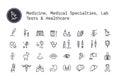 Medical science, medicine specialties, clinical laboratory, human body, organs linear icons set. Vector illustration