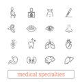 Medicine specialties thin line icons: diagnosis, medical, surgical. Human body systems, internal and sensory organs.