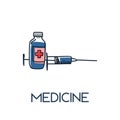 Medicine - srynge and vaccine minimalist out line hand drawn medic flat icon illustration