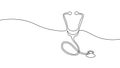 Medicine stethoscope single continuous line art. Health care World Day medical science research doctor nurse equipment