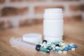 Medicine supplement and drug on wooden background, Close up of c