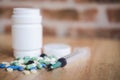 Medicine supplement and drug on wooden background, Close up of c