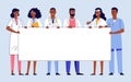 Medicine team concept with different black doctors and blank banner with copy space for text. Royalty Free Stock Photo