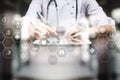 Medicine technology and healthcare concept. Medical doctor working with modern pc. Icons on virtual screen. Royalty Free Stock Photo