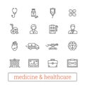 Medicine thin line vector icons: medical services, health care tools, diagnostic equipment and reanimation treatment.