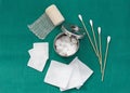 Medicine tool ,cotton wool,cotton ball,stainless jar,net bandage Royalty Free Stock Photo