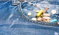 Medicine and treatment concept. Drugs on denim background. Mixing medicines. Fast treatment. Medicine prescription Royalty Free Stock Photo