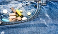 Medicine and treatment concept. Drugs on denim background. Mixing medicines. Fast treatment. Medicine prescription Royalty Free Stock Photo