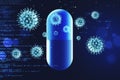 Medicine treatment and health protection concept with blue pillow surrounded by virus molecules at abstract programming code Royalty Free Stock Photo
