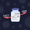 Medicine vaccine at balance, harm and benefit, vector illustration.