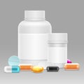 Medicine vector illustration with realistic plastic bottles for pills and drugs, vitamins, pills Royalty Free Stock Photo