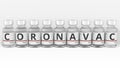 CORONAVAC COVID-19 vaccine name on the labels of medicine vials. Editorial conceptual 3d rendering