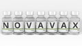 Letters on medicine vials compose NOVAVAX COVID-19 vaccine name. Editorial conceptual 3d rendering