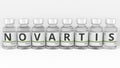 Medicine vials compose NOVARTIS pharmaceutical company name. Editorial conceptual 3d rendering