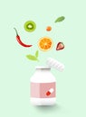 Medicine vitamin bottle mockup with flying fruits leaves and vegetables, vector cartoon