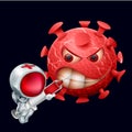 Medicine vs Coronavirus. Doctor with syringe fights with Evil Covid-19 Coronavirus Emoticon. Coronavirus Outbreak Concept.