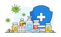 Medicines as a shield against viruses and diseases. The concept of protection against antibiotics. The idea of medical treatment Royalty Free Stock Photo