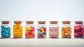 Medicines in capsules, packed in glass jars. Multicolored tablets and capsules in glass vials on a light background. Health care.