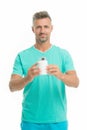 Medicines concept. Health is wealth. Bearded man holding vitamin pill container. Health pill. Mature man with pill