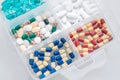 Medicines in a container, various medications for the prevention of viral infections, relieving symptoms, flu and colds