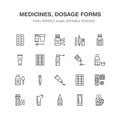 Medicines, dosage forms line icons. Pharmacy medicaments, tablet, capsules, pills, antibiotics, vitamins, painkillers