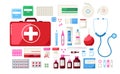 Medicines. First aid kit medical tools pills stethoscope syringe thermometer flask disposable gloves bandage, cartoon pharmacy