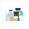 Medicines isolated illustration. Cotton wool, bottle, thermometer, tablets, bandage, jar