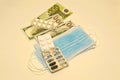 medicines, money and personal protective equipment Royalty Free Stock Photo