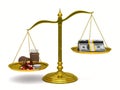 Medicines and money on scales. Isolated 3D