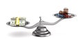 Medicines and money on scales. Isolated 3D illustration