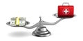 Medicines and money on scales. Isolated 3D illustration