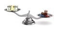 Medicines and money on scales. Isolated 3D illustration